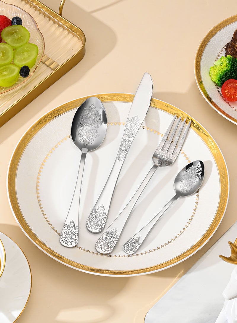 SUNHOME 24-Piece Stainless Steel Cutlery Set Silver, Elegant Floral Embossed Flatware Set for 6 Person, Mirror Polished Food Grade Tableware, Ideal for Home Kitchen, Party and Eid Gift - Image 4